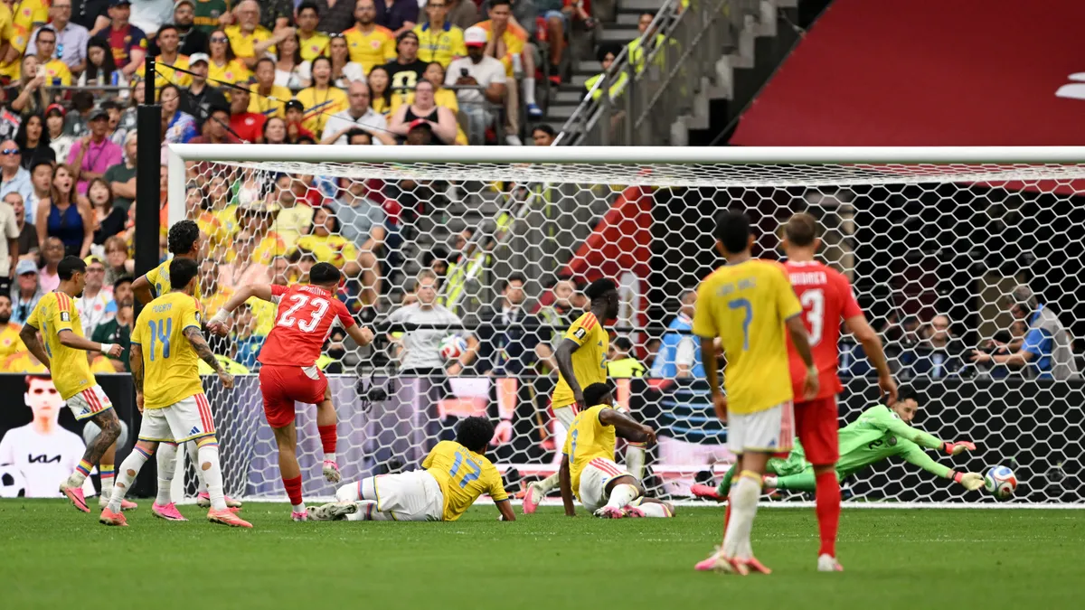 VANCOUVER, CANADA - JULY 07: Zeki Amdouni #23 of Switzerland takes a shot during the FIFA World Cup 2026 Round of 16 match between Switzerland and Colombia at BC Place Vancouver on July 07, 2026 in Vancouver, British Columbia, Canada.   David Ramos/Getty Images/AFP (Photo by David Ramos / GETTY IMAGES NORTH AMERICA / Getty Images via AFP)