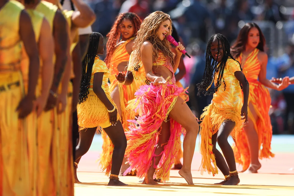 Colombian singer Shakira performs during the halftime show of the 2026 World Cup football tournament final match between Spain and Argentina at the New York/New Jersey Stadium in East Rutherford on July 19, 2026.  (Photo by PATRICIA DE MELO MOREIRA / AFP)