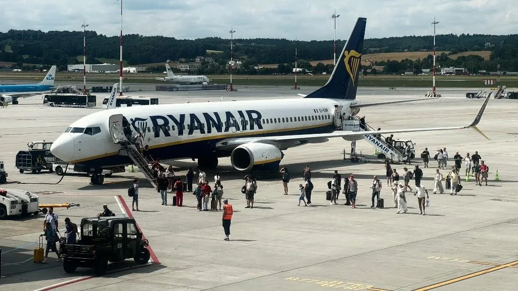Ryanair plane is seen at the airport in Balice near Krakow, Poland on July 6, 2026. (Photo by Jakub Porzycki/NurPhoto) (Photo by Jakub Porzycki / NurPhoto via AFP)