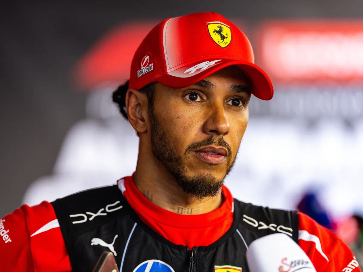 SPIELBERG, AUSTRIA - JUNE 28: Lewis Hamilton of Great Britain and Scuderia Ferrari answers questions in the TV media pen during the F1 Grand Prix of Austria at Red Bull Ring on June 28, 2026 in Spielberg, Austria. (Photo by Jayce Illman/Getty Images)