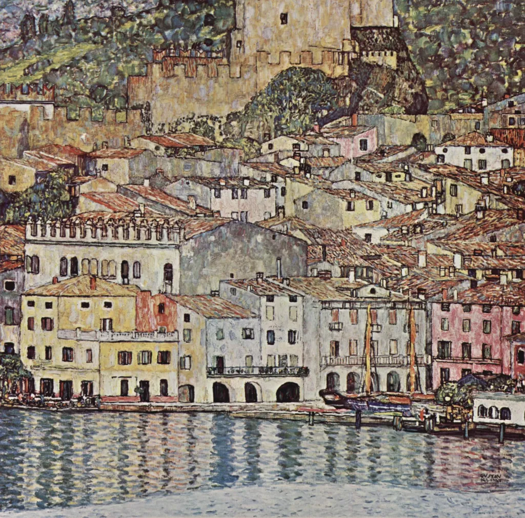 A Malcesine a Garda-tó partján című festmény 1913-ban készült. Klimt egész életén átíveltek a tájképek, amelyeket leginkább pointilista technikával készített el. 