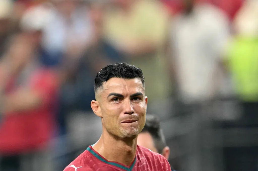 Portugal's forward #07 Cristiano Ronaldo reacts after losing the 2026 World Cup round of 16 football match between Portugal and Spain at the Dallas Stadium in Arlington on July 6, 2026. (Photo by RONALDO SCHEMIDT / AFP)