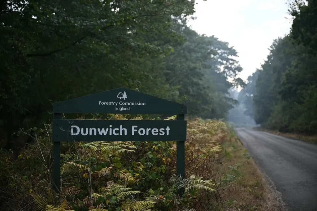 Akár 25 évig is eltarthat a Dunwich Forest regenerálódása Erdőtűz Nagy-Britanniában Smokes hangs in the air beyond a sign leading to Dunwich Forest, as a wildfire burns nearby, at Dunwich Heath in eastern England on July 30, 2026. Firefighters are on July 30, continuing to battle a blaze in Suffolk, under "difficult conditions" with the fire said to have ravaged around 100 hectares and forced some residents and holidaymakers to evacuate. (Photo by JUSTIN TALLIS / AFP)