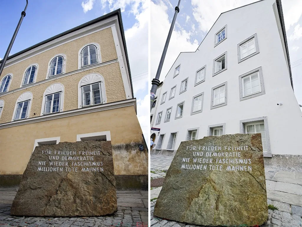 (COMBO) This combination of pictures created on July 22, 2026 shows Adolf Hitlers birthplace, photographed on September 20, 2012, in Braunau, Austria and (R) Adolf Hitlers birthplace in Braunau, Austria, photographed on July 22, 2026. The controversial redesign of the house in the northern Austrian town of Braunau started in 2023. Following years of legal wrangling, the government took control of the dilapidated building in 2016 and decided to turn the house, where Hitler was born in 1889, into a police station that will be inaugurated on July 22, 2026. (Photo by MANFRED FESL / APA / AFP) / Austria OUT