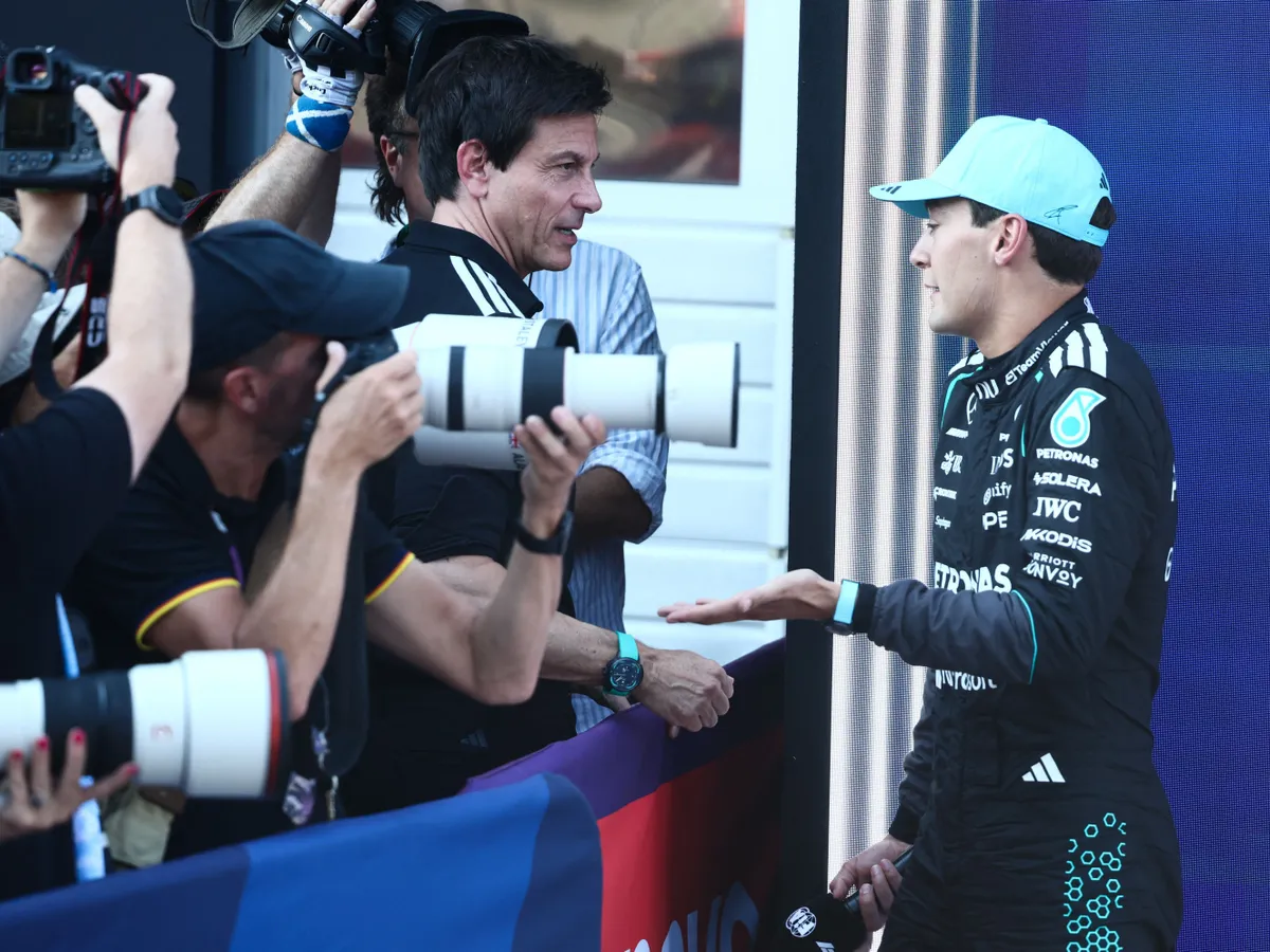 Toto Wolff and George Russell of Mercedes after the qualifying ahead of the Formula 1 Austrian Grand Prix at Red Bull Ring in Spielberg, Austria on June 27, 2026. (Photo by Jakub Porzycki/NurPhoto) (Photo by Jakub Porzycki / NurPhoto via AFP)