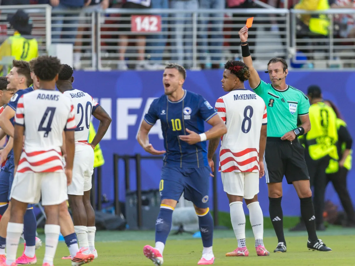 SANTA CLARA, CA - JULY 01: Folarin Balogun #20 of United States of America is shown a red card during the FIFA World Cup round of 32 match between the United States (USA) and Bosnia and Herzegovina on July 1, 2026 at San Francisco Bay Area Stadium in Santa Clara, CA. (Photo by Bob Kupbens/Icon Sportswire via Getty Images)