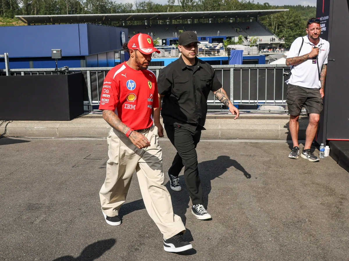 Lewis Hamilton of United Kingdom of Scuderia Ferrari HP team, driver of the Ferrari SF-26 race car, arrives in the media pen for interview and talk with TV journalists and press, after the F1 Grand Prix of Belgium at Circuit de Spa-Francorchamps in Spa, Belgium on July 19, 2026. (Photo by Nicolas Economou/NurPhoto) (Photo by Nicolas Economou / NurPhoto via AFP)