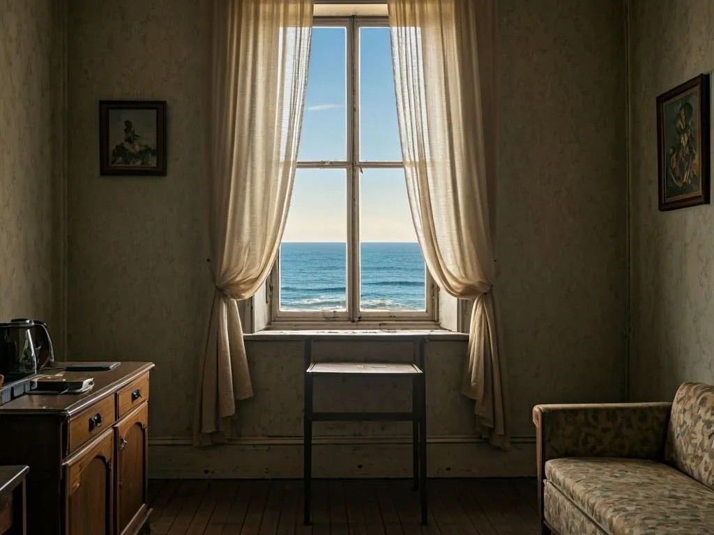 Indoor photo of airbnb, small, old furniture, old curtains, old walls ,window fake ocean view