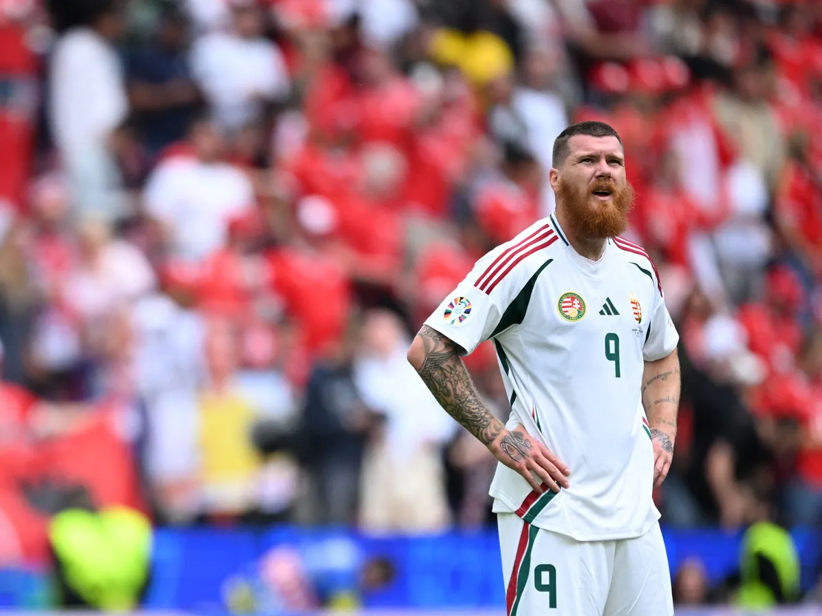 Hungary's forward #09 Martin Adam reacts after the UEFA Euro 2024 Group A football match between Hungary and Switzerland at the Cologne Stadium in Cologne on June 15, 2024. (Photo by Kirill KUDRYAVTSEV / AFP)