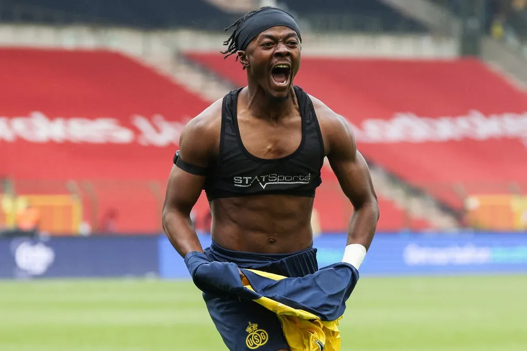 Royale Union Saint-Gilloise's Ghanaian forward Mohammed Fuseini celebrates after scoring a goal during the Belgian "Croky Cup" football final match between Royale Union Saint-Gilloise and RSC Anderlecht in Brussels on May 14, 2026. (Photo by VIRGINIE LEFOUR / BELGA / AFP) / Belgium OUT