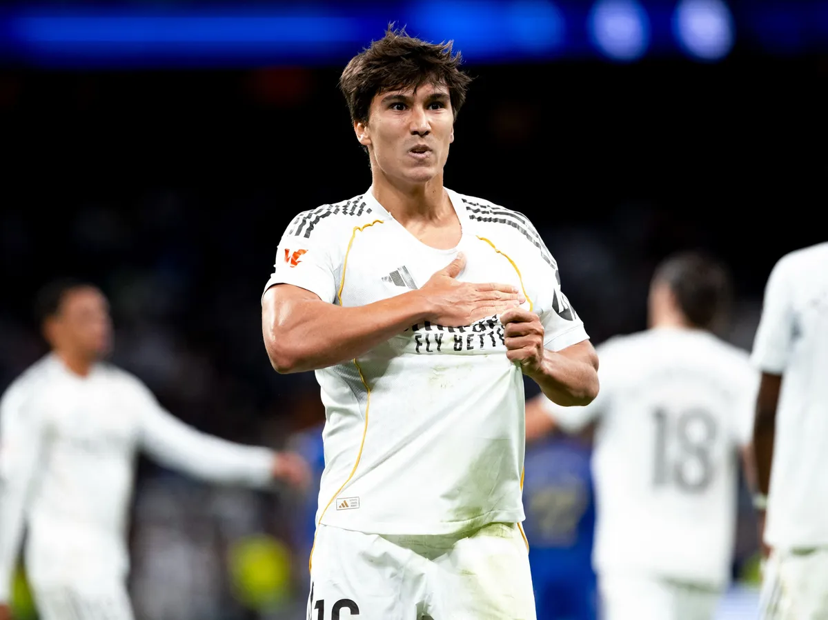 Gonzalo Garcia of Real Madrid celebrates a goal during the La Liga 2025/26 match between Real Madrid and Oviedo at Santiago Bernabeu Stadium in Madrid, Spain, on May 14, 2026. (Photo by Guillermo Martinez/NurPhoto) (Photo by Guillermo Martinez / NurPhoto via AFP)