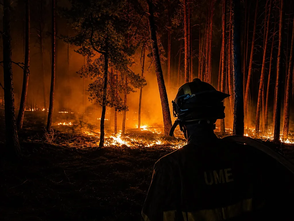 This handout photo released on July 21, 2026 by Spain's Military Emergencies Unit (UME) shows the members fighting a wildfire in La Mierla area, near Guadalajara, about 100 kilometers north of Madrid. A wildfire that broke out on July 16 in La Mierla area