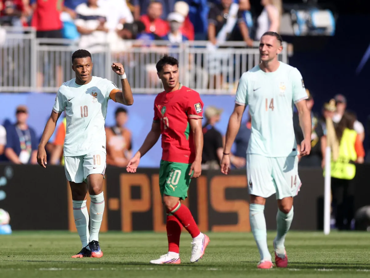 FOXBOROUGH, MASSACHUSETTS - JULY 09: Kylian Mbappe #10 of France celebrates scoring his team's first goal during the FIFA World Cup 2026 Quarter Final match between France and Morocco at Boston Stadium on July 09, 2026 in Foxborough, Massachusetts.   Lars Baron/Getty Images/AFP (Photo by Lars Baron / GETTY IMAGES NORTH AMERICA / Getty Images via AFP)