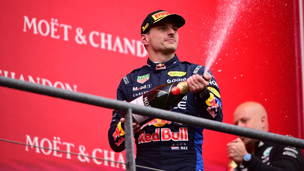 Max Verstappen of Red Bull Racing celebrates his third place during the Belgian Grand Prix at the Spa-Francorchamps Circuit in Stavelot, Belgium, on july 19, 2026. (Photo by Andrea Diodato/NurPhoto) (Photo by Andrea Diodato / NurPhoto via AFP)