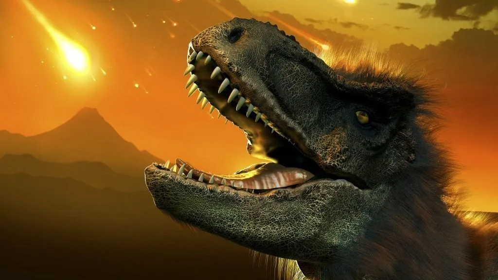 aszteroidák Artwork of a tyrannosaurus as an asteroid is about to strike the Earth. Tyrannosaurus was one of the very last dinosaurs, wiped out 65 million years ago during the extinction event that ended the Cretaceous period. Scientists believe that the incident was provoked by the impact of an asteroid or comet with the Earth off the coast of what is now Mexico. (Photo by MARK GARLICK/SCIENCE PHOTO LIBRA / MGA / Science Photo Library via AFP)