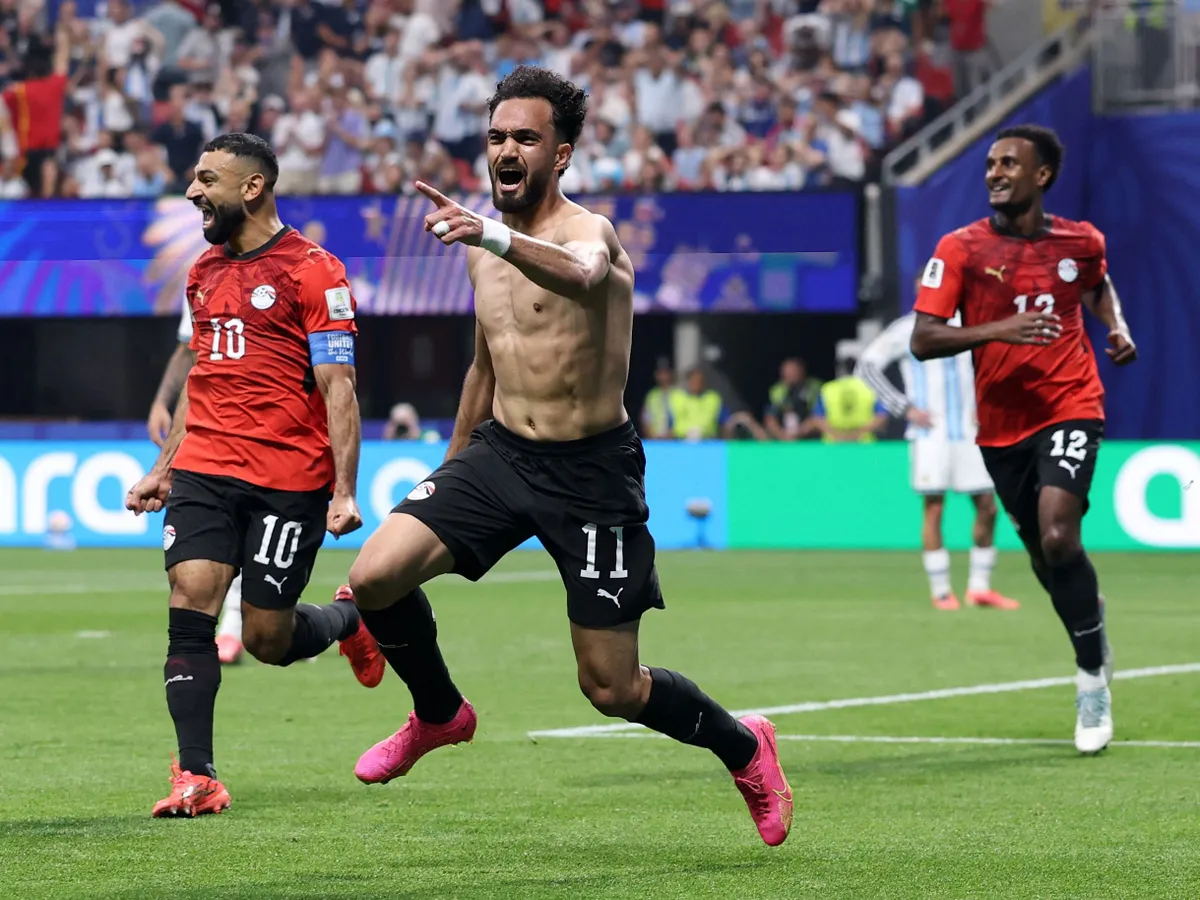 ATLANTA, GEORGIA - JULY 07: Mostafa Zico #11 of Egypt celebrates scoring his team's second goal later disallowed due to a foul committed by Mohamed Hany #3 of Egypt during the FIFA World Cup 2026 Round of 16 match between Argentina and Egypt at Atlanta Stadium on July 07, 2026 in Atlanta, Georgia. Buda Mendes/Getty Images/AFP (Photo by Buda Mendes / GETTY IMAGES NORTH AMERICA / Getty Images via AFP)