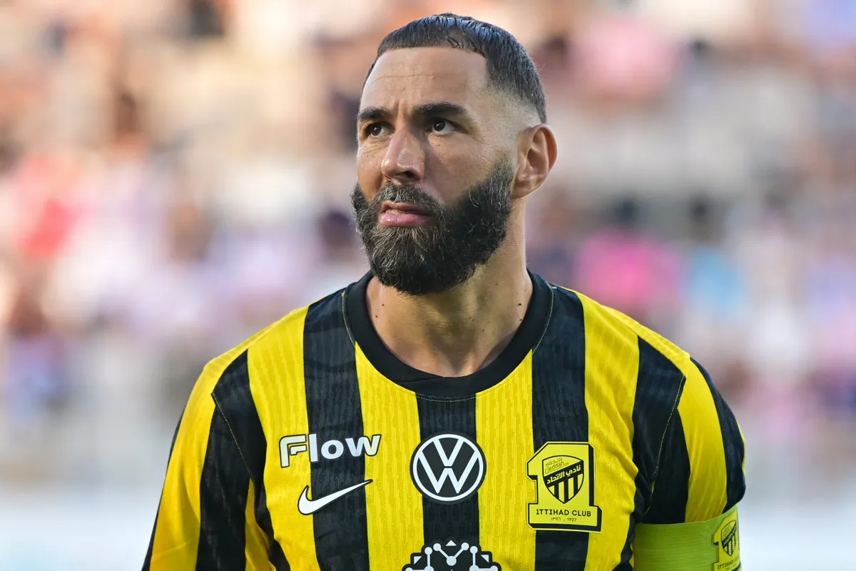 FARO, PORTUGAL - JULY 23: French footballer Karim Benzema of Al Ittihad plays during a pre-season friendly match against Fenerbahce in Faro, Portugal, on July 23, 2025. Serhat Cagdas / Anadolu (Photo by Serhat Cagdas / Anadolu via AFP)