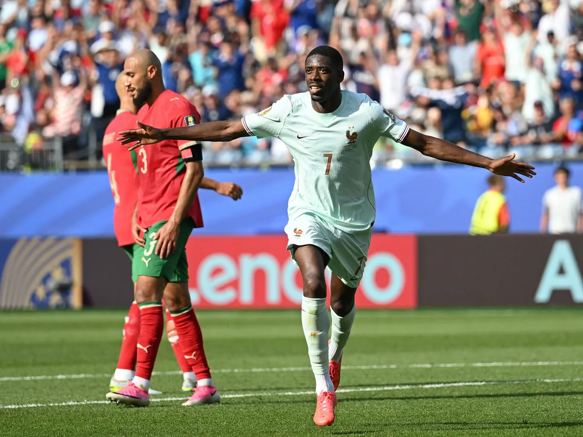 FOXBOROUGH, MASSACHUSETTS - JULY 09: Ousmane Dembele #7 of France celebrates scoring his team's second goal during the FIFA World Cup 2026 Quarter Final match between France and Morocco at Boston Stadium on July 09, 2026 in Foxborough, Massachusetts.   Shaun Botterill/Getty Images/AFP (Photo by Shaun Botterill / GETTY IMAGES NORTH AMERICA / Getty Images via AFP)