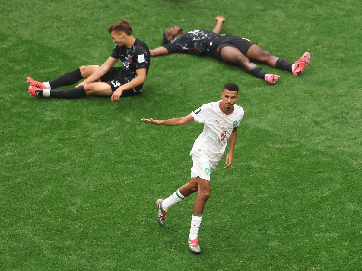 HOUSTON, TEXAS - JULY 04: Azzedine Ounahi #8 of Morocco celebrates scoring his team's second goal during the FIFA World Cup 2026 Round of 16 match between Canada and Morocco at Houston Stadium on July 04, 2026 in Houston, Texas. (Photo by Lars Baron/Getty Images)