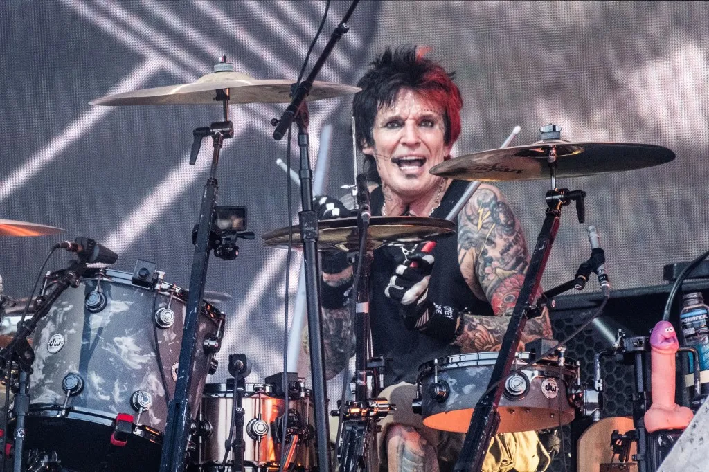 Drummer Tommy Lee of US band Mötley Crüe performs during the rock and metal festival Copenhell on Refshaleoeen in Copenhagen on June 14, 2023. (Photo by Helle Arensbak / Ritzau Scanpix / AFP) / Denmark OUT