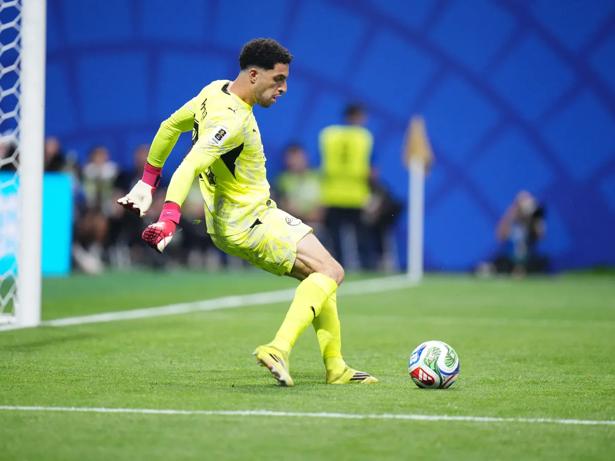 ATLANTA, USA - JULY 7: Mostafa Shoubir of Egypy kicks the ball during the 2026 FIFA World Cup Round of 16 match between Argentina and Egypt at Mercedes-Benz Stadium (Atlanta Stadium) in Atlanta, Georgia, United States on July 7, 2026. Jose Hernandez / Anadolu (Photo by Jose HERNANDEZ / Anadolu via AFP)