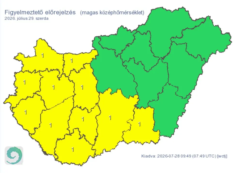 Az ország egyik felében van érvényben hőségriasztás szerdán /