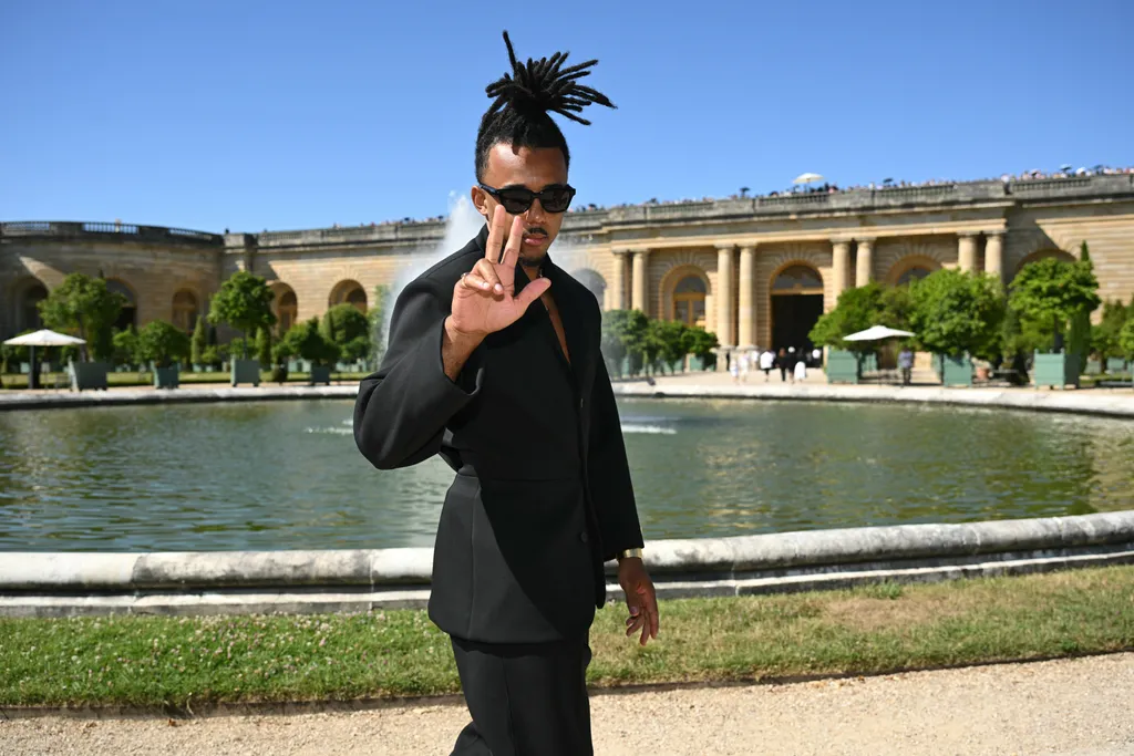 Jules Kounde,JulesKounde,                       French football player Jules Kounde poses before the Jacquemus Menswear Spring-Summer 2026 collection show as part of the Paris Fashion Week at Orangery of the Palace of Versailles, in Versailles, southwest 