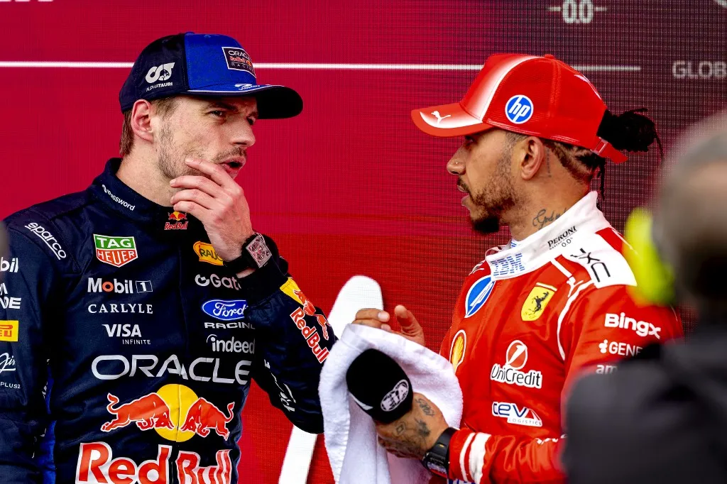 Formula 1 drivers Max Verstappen of Oracle Red Bull Racing and Lewis Hamilton of Scuderia Ferrari HP during the Formula 1 Canada at the Circuit Gilles Villeneuve in Montreal, Canada, on May 24, 2026. (Photo by Marcel van Dorst/EYE4IMAGES/NurPhoto) (Photo by Marcel van Dorst / NurPhoto via AFP)