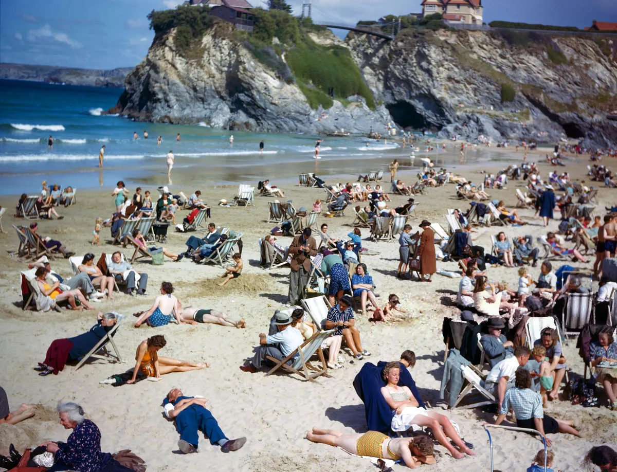 időutazás, tengerpart, fotó, 1943, Anglia, Cornwall, Towan Beach