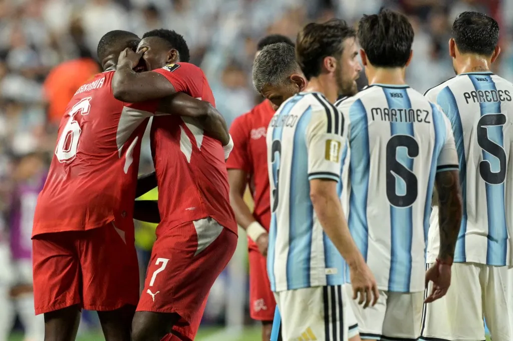 Switzerland's forward #07 Breel Embolo reacts after receiving a red card during the 2026 World Cup football tournament quarter-final match between Argentina and Switzerland at the Kansas City Stadium in Kansas City on July 11, 2026. (Photo by JUAN MABROMATA / AFP)