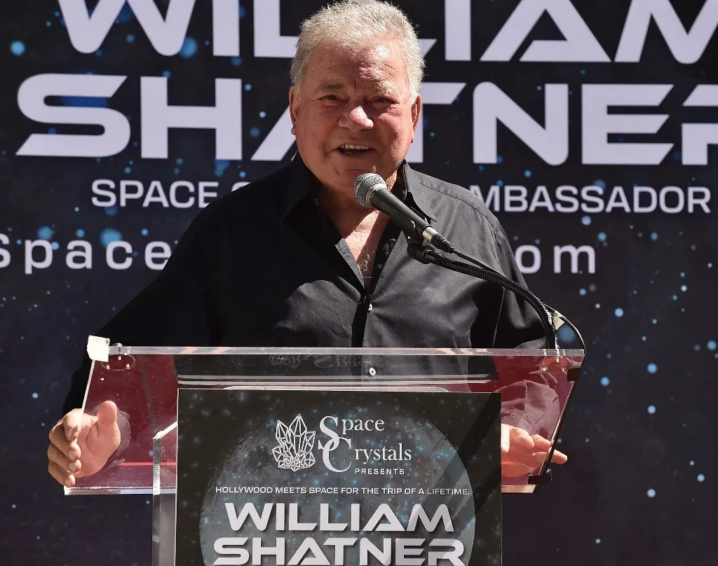 Canadian actor William Shatner speaks during a news conference at the forecourt of the TCL Chinese Theatre IMAX in Hollywood, California, on July 14, 2023. Shatner announced a joint project with Space Crystals. (Photo by LISA O'CONNOR / AFP)