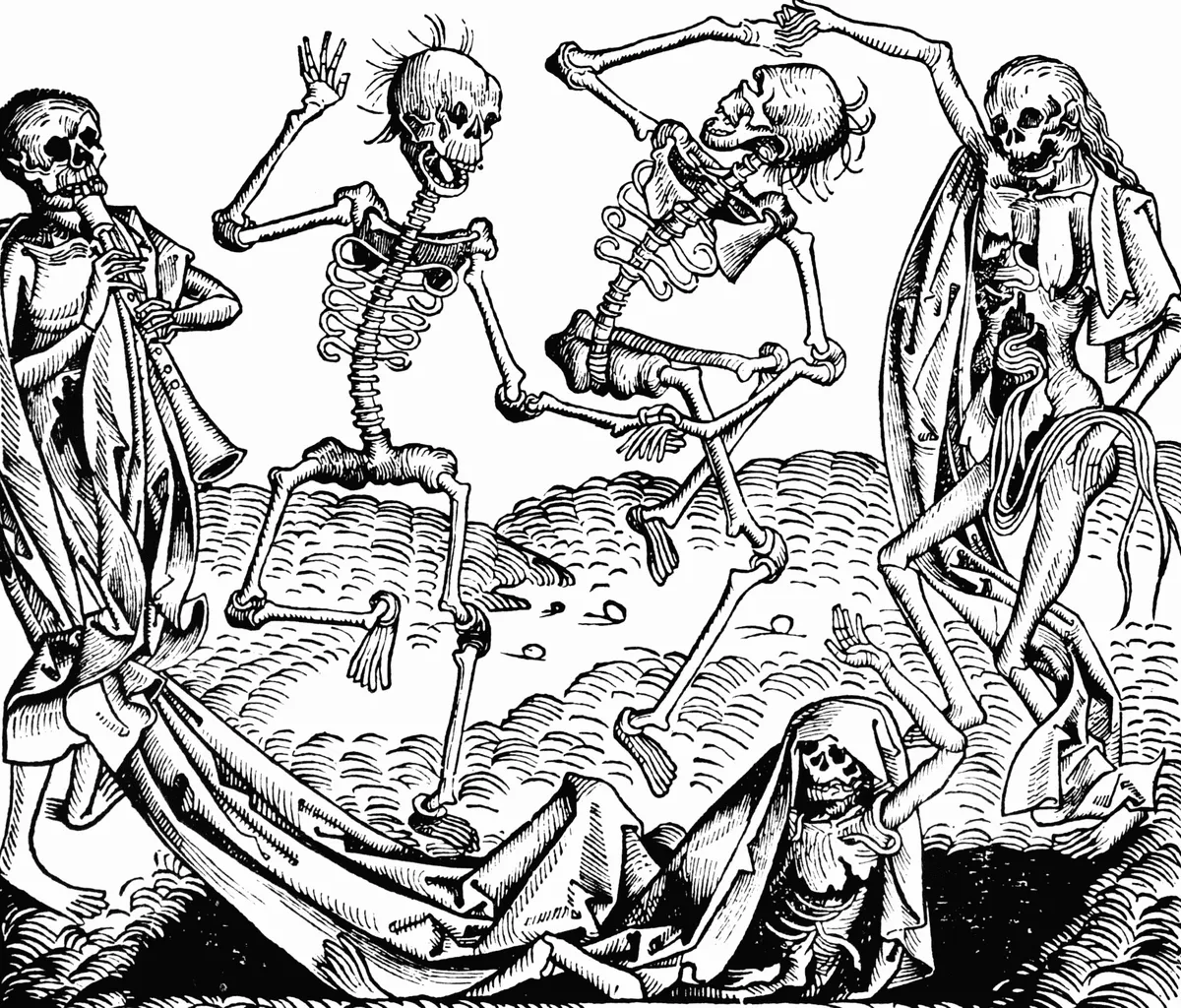 táncoló pestis, haláltánc ábrázolása egy középkori metszeten