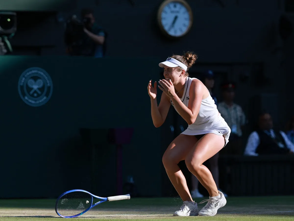 Linda Nosková of Czech Republic reacts after winning the ladies singles final match against Karolína Muchová of Czech Republic on day thirteenth of the 2026 Wimbledon Championships at All England Lawn Tennis and Croquet Club in London, United Kingdom on July 11, 2026. 21-year-old Noskova won the match to claim her first Wimbledon Championship.   ( The Yomiuri Shimbun ) (Photo by Kentaro Tominaga / The Yomiuri Shimbun via AFP)