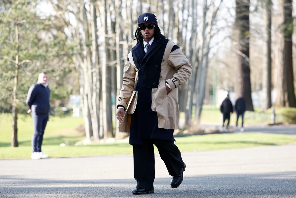 Jules Kounde,JulesKounde,
France's defender #05 Jules Kounde arrives at the Centre National du Football in Clairefontaine-en-Yvelines, southwest of Paris, on March 17, 2025, to take part in the team's training camp for the upcoming UEFA Nations League qua