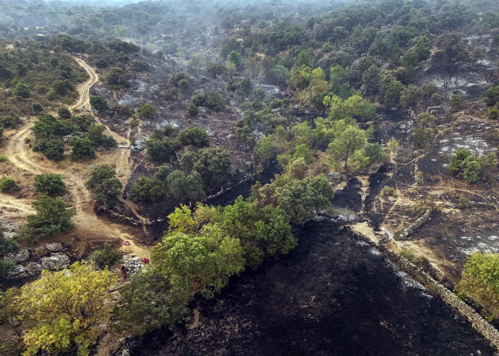 An aerial picture taken in the morning of July 25, 2026 shows the burnt landscape amid a wildfire in Fresnedillas area, near El Escorial, 60 kms northwest of Madrid. Spanish firefighters hoped to get control of wildfires raging near Madrid on Saturday but