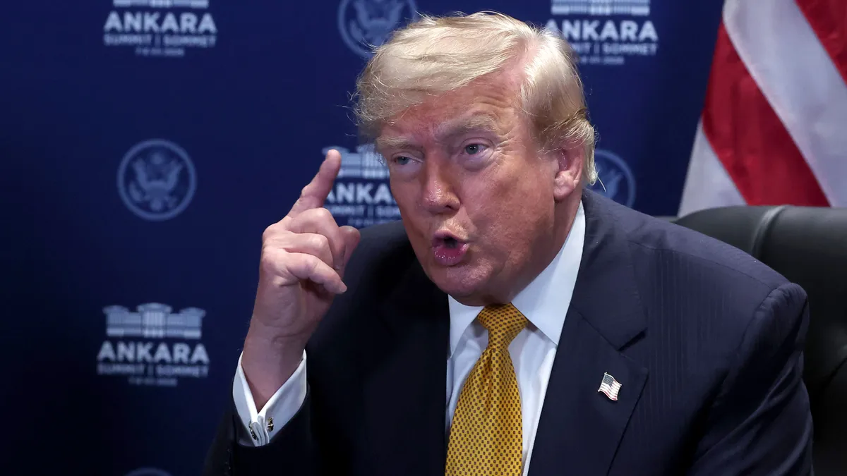 US President Donald Trump reacts as he meets with NATO Secretary General on the sidelines of the NATO summit in Ankara, on July 8, 2026. The summit comes at a fraught time for the 77-year-old transatlantic alliance, with the US President demanding members make good on a pledge to ramp up defence spending as Washington takes a step back from Europe. (Photo by Filip SINGER / POOL / AFP)