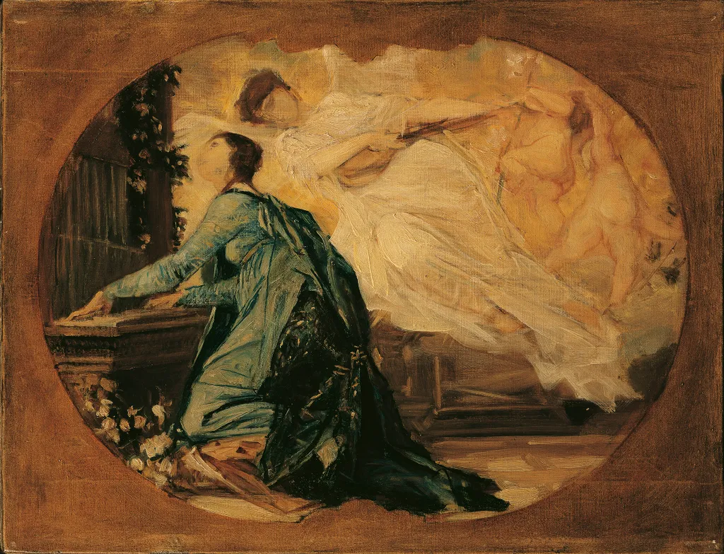Gustav Klimt: A zene allegóriájának tervei (1885). Az 1886–1891 közötti években a bécsi Burgtheater és Kunsthistorisches Museum számára születtek Klimt monumentális művei. 