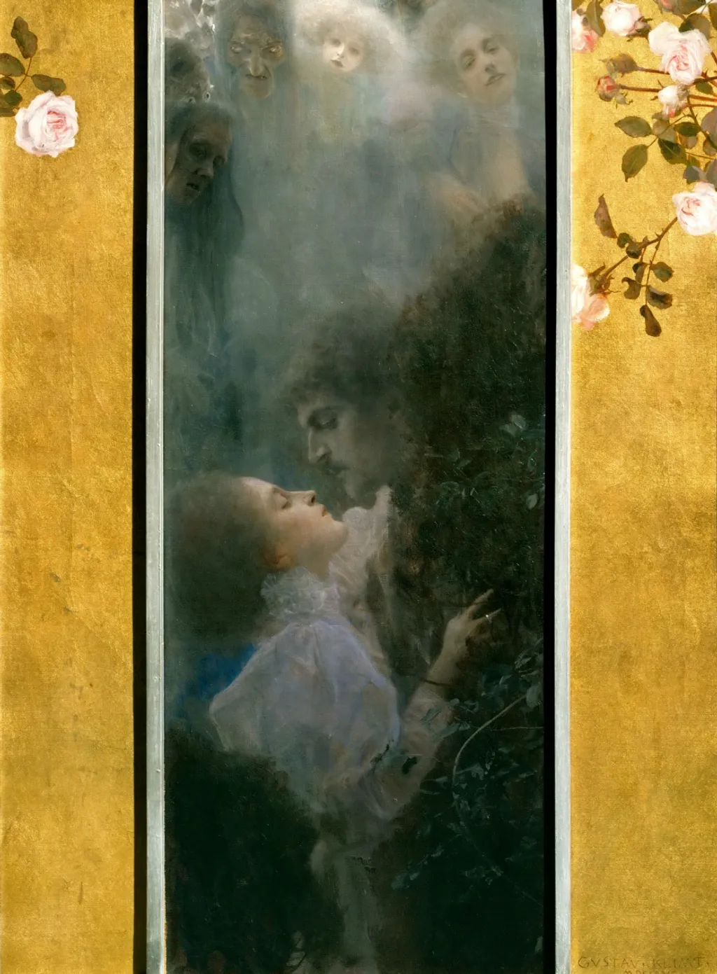Klimt: Szerelem (1895.) Az arany hátterek, amelyeket Klimt az 1890-es évek közepétől kezdődően számos festményén használt, munkásságának jellemzőjévé vált.
