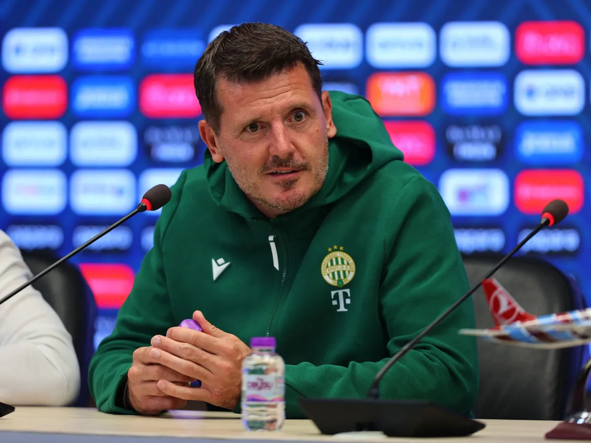 TRABZON, TURKIYE - AUGUST 19: Ferencvaros head coach Balazs Borbely speaks during a press conference at Papara Park ahead of the UEFA Europa League play-off round first-leg match against Trabzonspor in Trabzon, Turkiye on August 19, 2026. Hasan Tascan / Anadolu (Photo by Hasan Tascan / Anadolu via AFP)