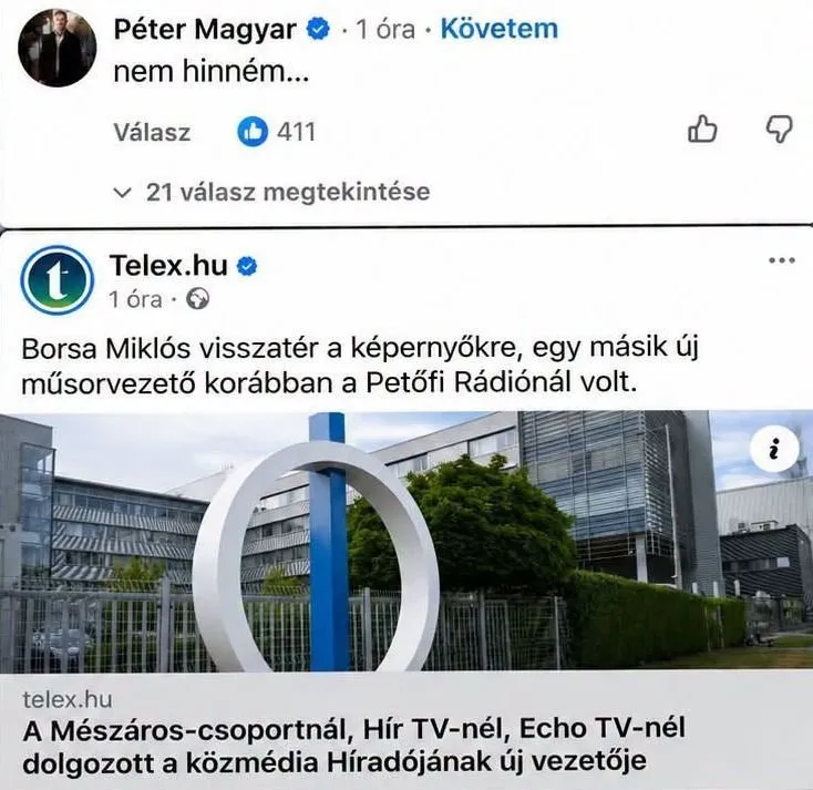 A hírről beszámolt a Telex is, és az azzal kapcsolatos Facebook-posztja alatt megjelent Magyar Péter is (Forrás: Facebook)