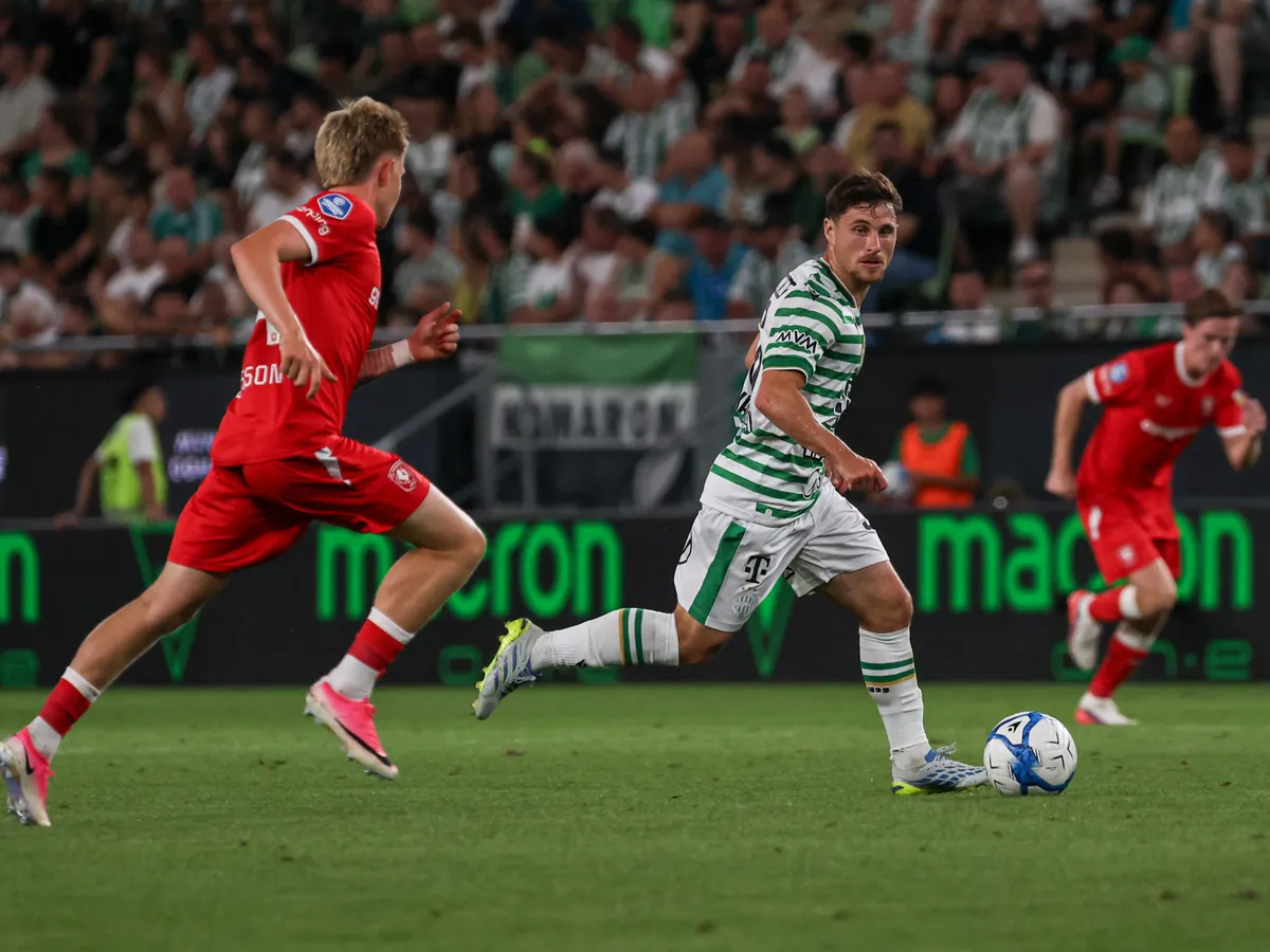 Gabi Kanichowsky of Ferencvaros and Kristian Hlynsson of FC Twente participate during the UEFA Europa League qualifier match at Groupama Arena in Budapest, Hungary, on July 30, 2026. (Photo by Pal Gollner/NurPhoto) (Photo by Pál Göllner / NurPhoto via AFP)