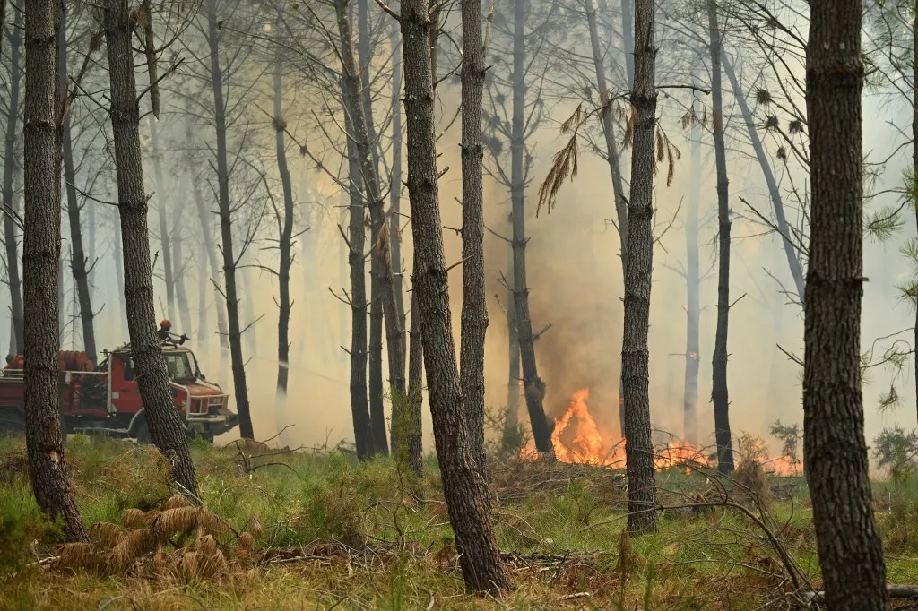 Légi egységek is segítik a Franciaország délnyugati részén pusztító erdőtűz oltását. French firefighters spray water as they fight a wildfire in a forest near Luglon, south-western France on August 14, 2026. (Photo by Gaizka IROZ / AFP)