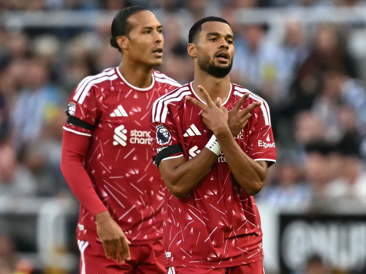 Liverpool's Dutch striker #18 Cody Gakpo reacts to scoring their first goal during the English Premier League football match between Newcastle United and Liverpool at St James' Park in Newcastle-upon-Tyne, north east England on August 23, 2026. (Photo by Paul ELLIS / AFP) / RESTRICTED TO EDITORIAL USE. No use with unauthorized audio, video, data, fixture lists, club/league logos or 'live' services. Online in-match use limited to 120 images. An additional 40 images may be used in extra time. No video emulation. Social media in-match use limited to 120 images. An additional 40 images may be used in extra time. No use in betting publications, games or single club/league/player publications. /