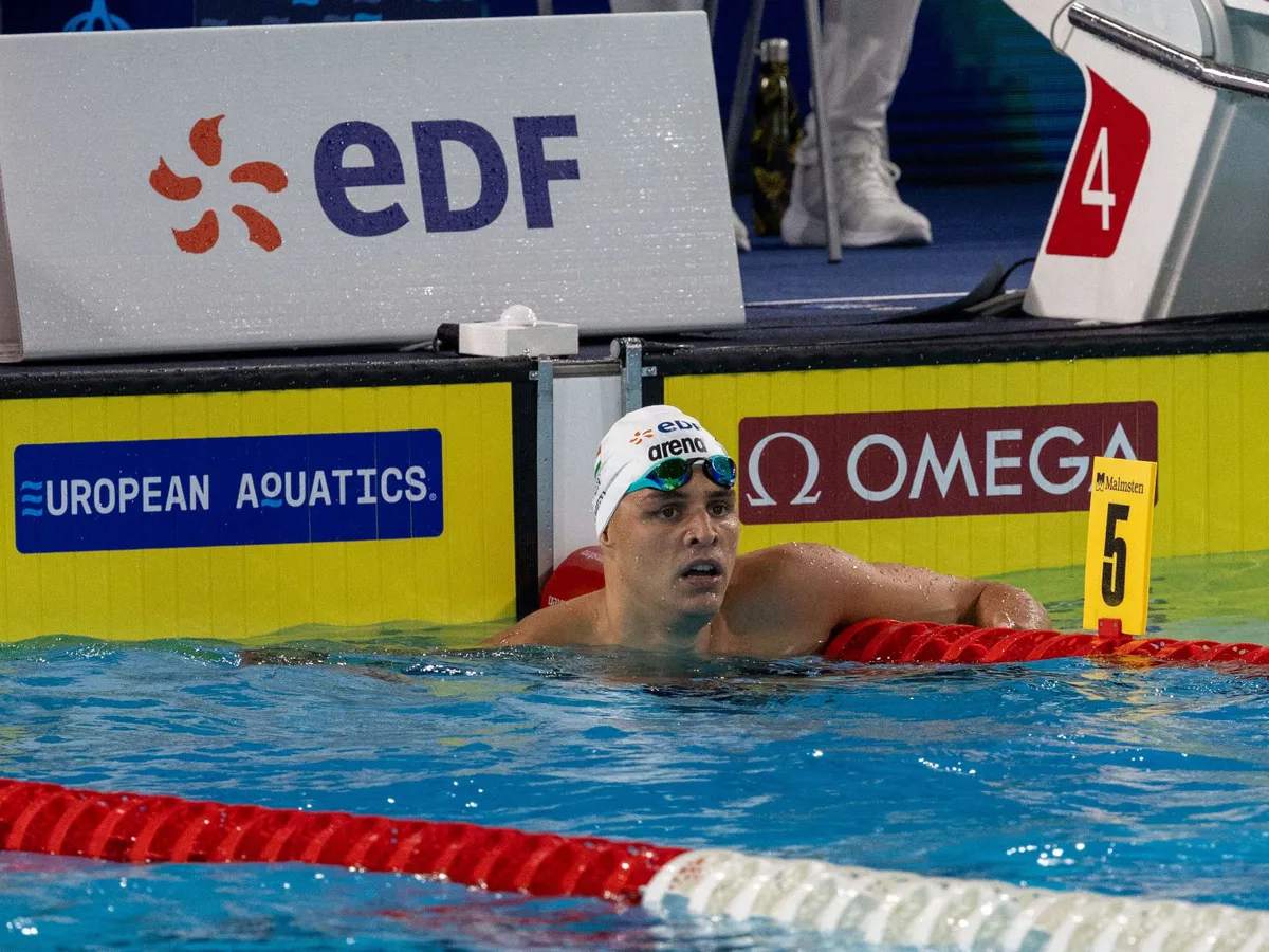 Hungarian swimmer Nandor NEMETH in the pool at the Olympic Aquatics Center as he finishes the men s 100-meter freestyle event at the European Swimming Championships in Saint-Denis, Seine-Saint-Denis, France, on August 11, 2026. (Photo by Benjamin Vodant / Hans Lucas via AFP)