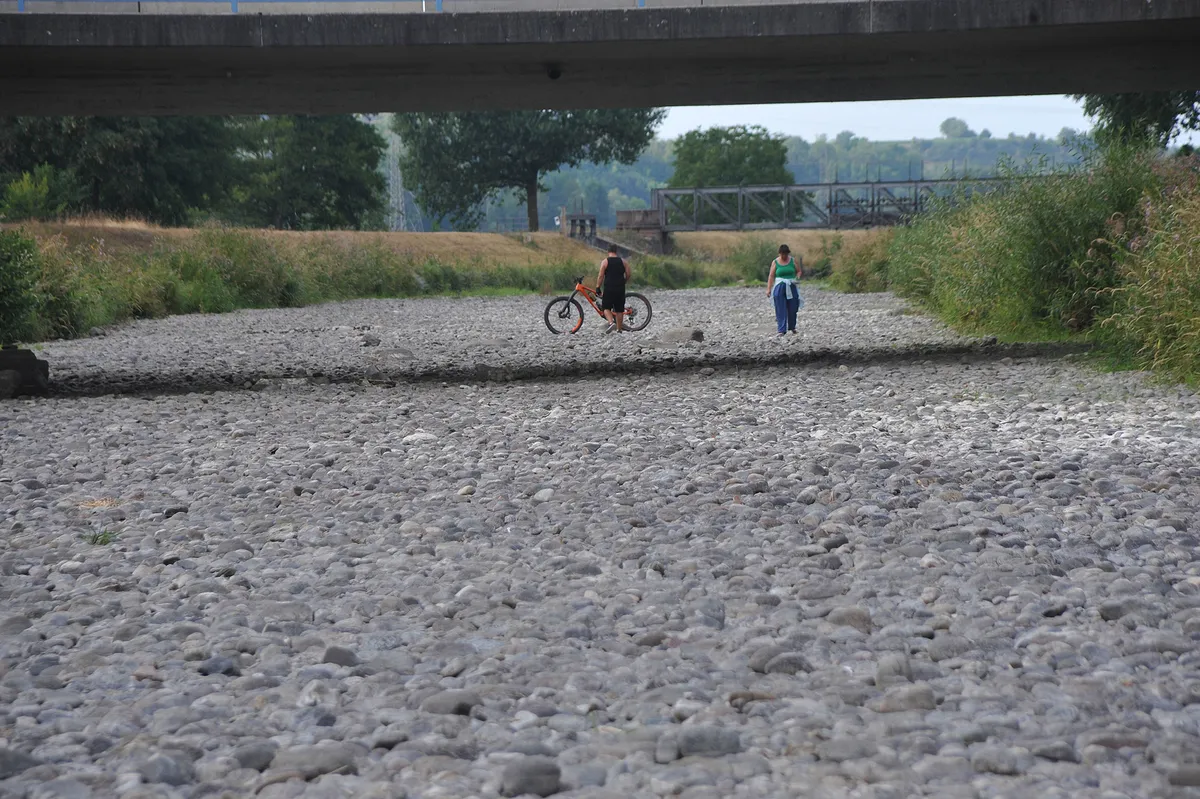 Aszály és a perszelő hőség: a Dreisam-folyó medre March-Hugstetten és March-Neuershausen között