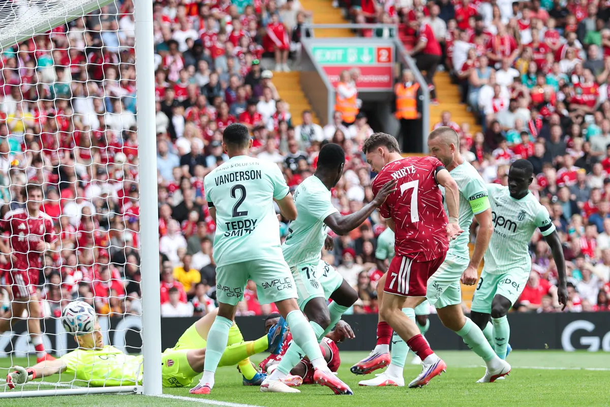 Florian Wirtz of Liverpool shoots and scores to make it 2-0 during the pre-season friendly match between Liverpool and Monaco at Anfield in Liverpool, United Kingdom. (Photo by Jorge Horsted/News Images/NurPhoto) (Photo by News Images / NurPhoto via AFP)