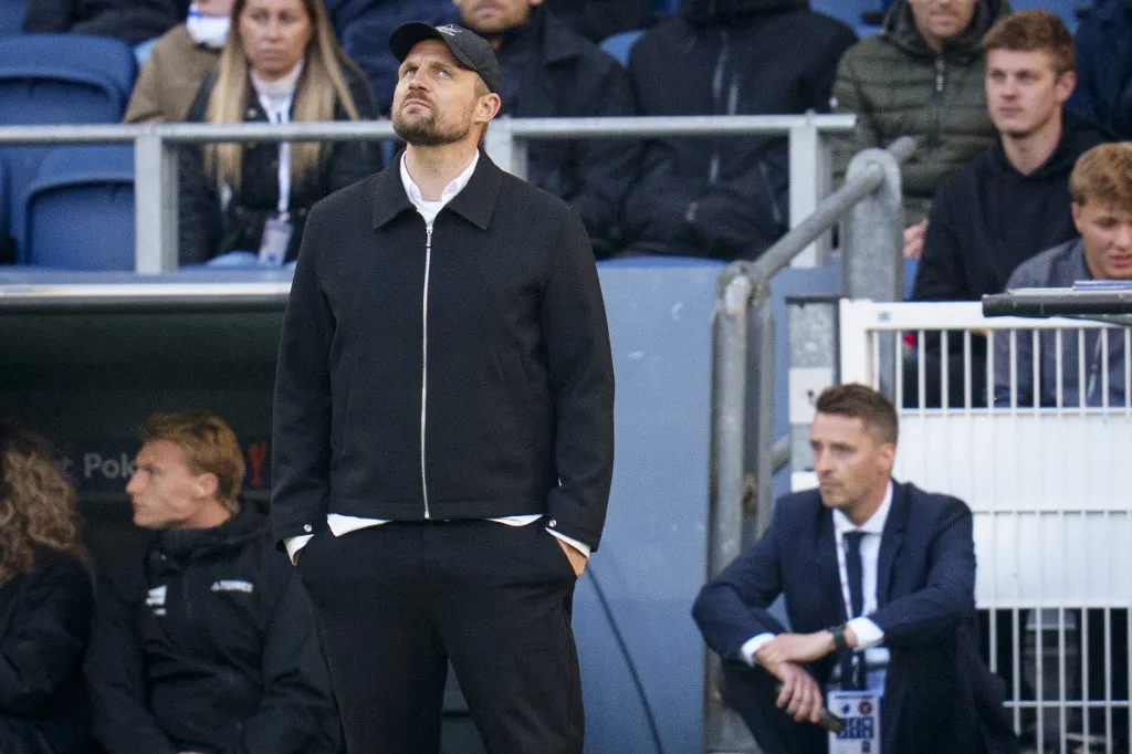 FCK's Head Coach Bo Svensson just before the final whistle in the cup final between FC Copenhagen - FC Midtjylland at Parken, Copenhagen on Thursday, May 14, 2026. (Photo: Liselotte Sabroe/Ritzau Scanpix) (Photo by LISELOTTE SABROE / Ritzau Scanpix via AFP)