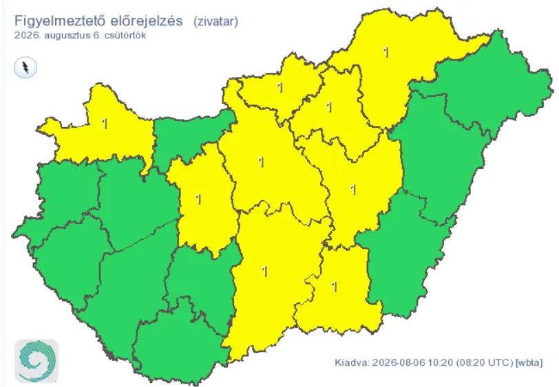 Zivatar miatt adott ki elsőfokú riasztást a HungaroMet Magyarország több területére. Villámlás, erős széllökések és jégeső is kialakulhat.