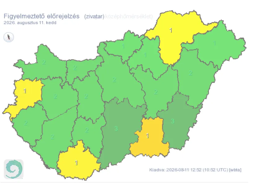 Elsőfokú riasztás van érvényben heves zivatarok veszélye miatt. Négy vármegyében viharos szél és jégeső is kialakulhat, a veszélyzónákat térkép mutatja.