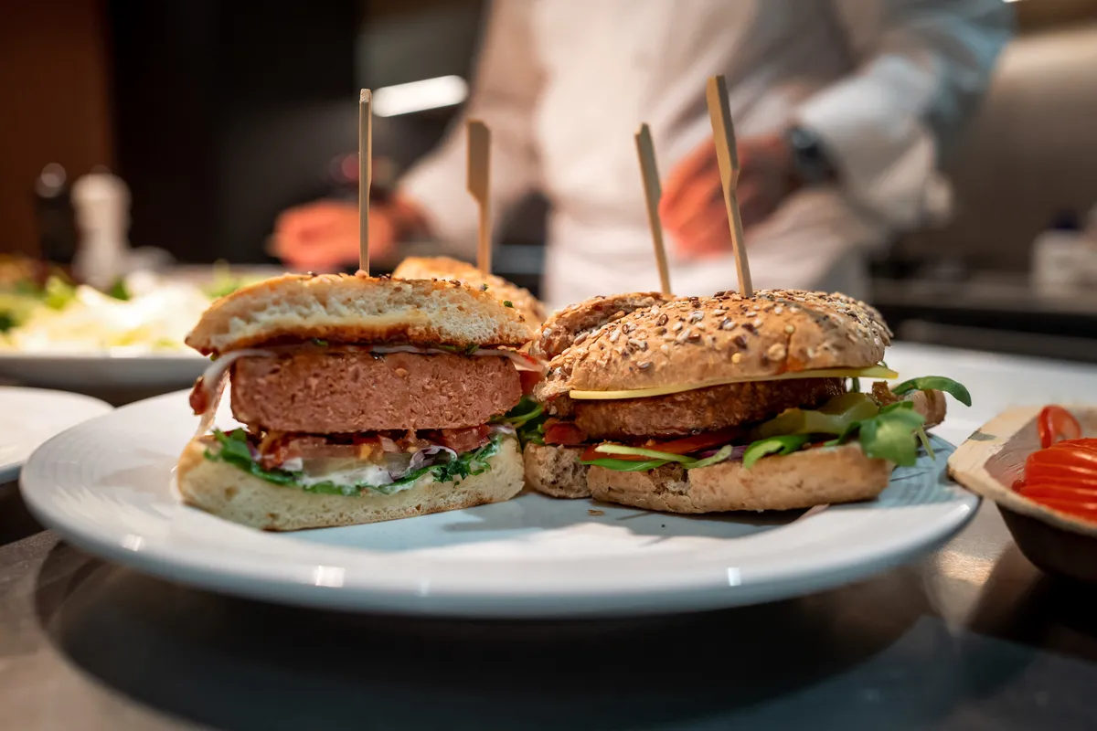 Növényi alapú étrend, növényi hamburgerpogácsával, zöldségekkel és teljes kiőrlésű bucival készült hamburgerek